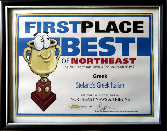 You are currently viewing First Place! BEST GREEK in Tampa Northeast 2008 – Stefano Greek Italian Restaurant