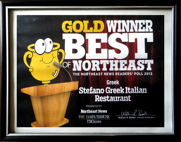 You are currently viewing Gold Winner! BEST GREEK in Tampa Northeast 2013- Stefano Greek Italian Restaurant