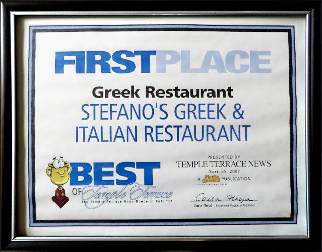 You are currently viewing Best of Temple Terrace 2007 – BEST GREEK restaurant, Stefano Greek Italian Restaurant